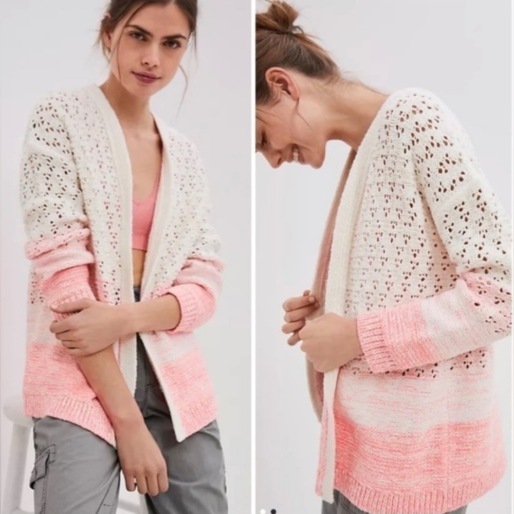 Anthropologie Pink/White Ombre Open-Knit Cardigan. Size-Medium Soft Minimalist